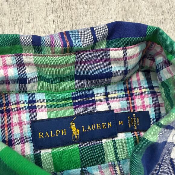 Polo Ralph Lauren Button Shirt Mens Medium Green Blue Plaid Check Flannel Preppy - Picture 6 of 9